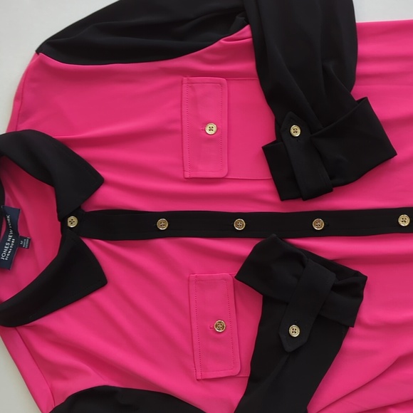 Jones NY Signature Tab Sleeve Button Down Blouse M Black Hot Pink - Picture 8 of 16